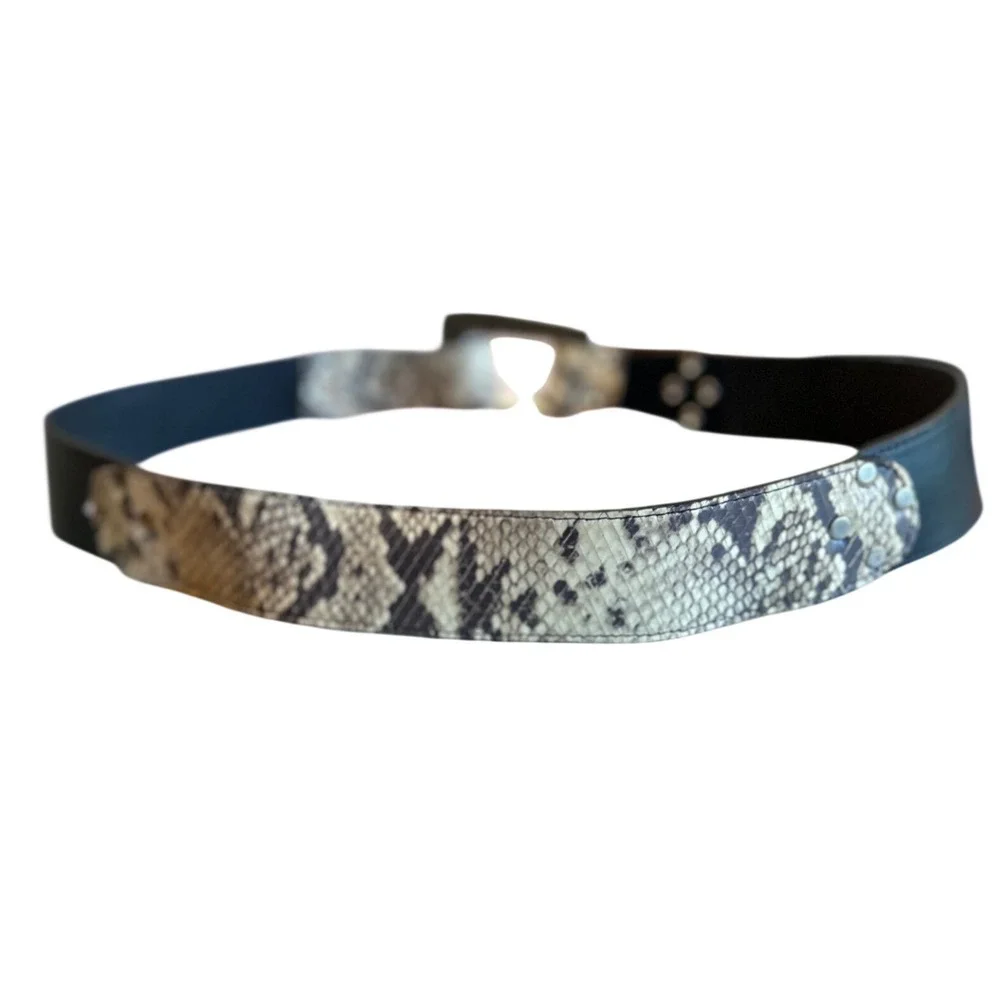 Leatherock Leather Belt Large Black Snakeskin Studded Silver Buckle USA XL